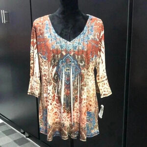 Energe Boho & Animal print, bell mid sleeve,v-neck,gold button detail